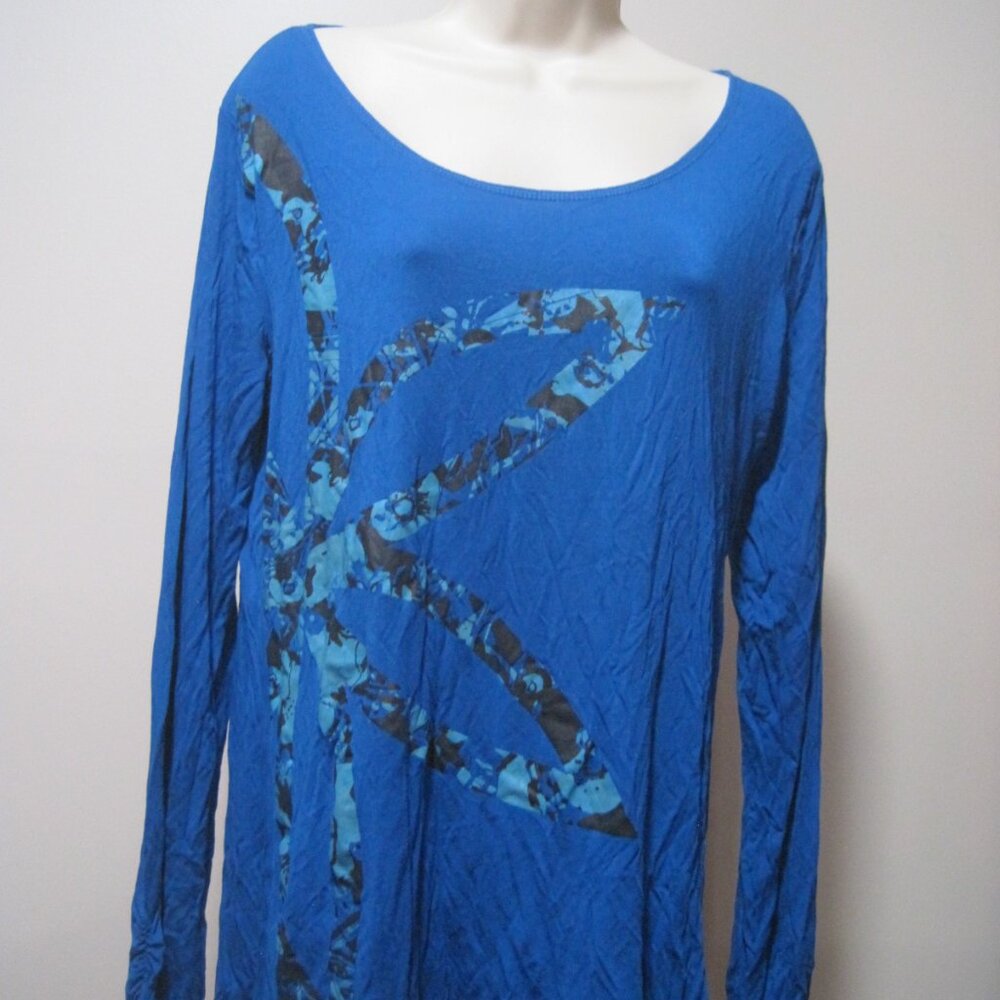 Gaiam Women Blue Turquoise/Black 1/2 Star Design Harmony Long Sleeve Yoga Tee XL